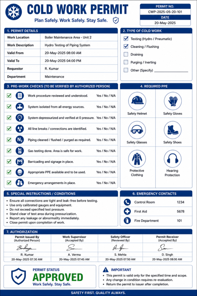 Cold work permit types of permit to work