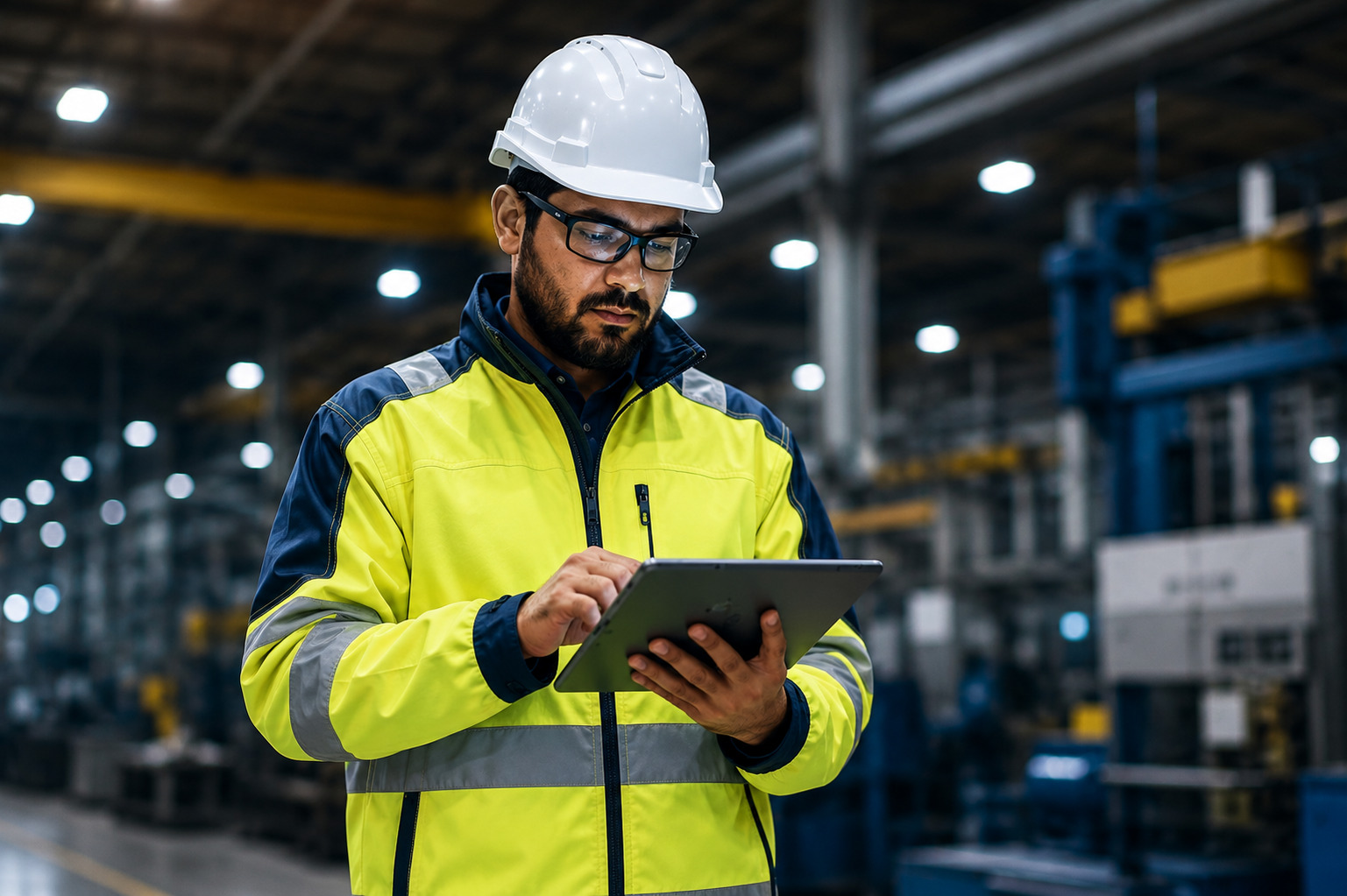 Engineer operating tablet with safety gear