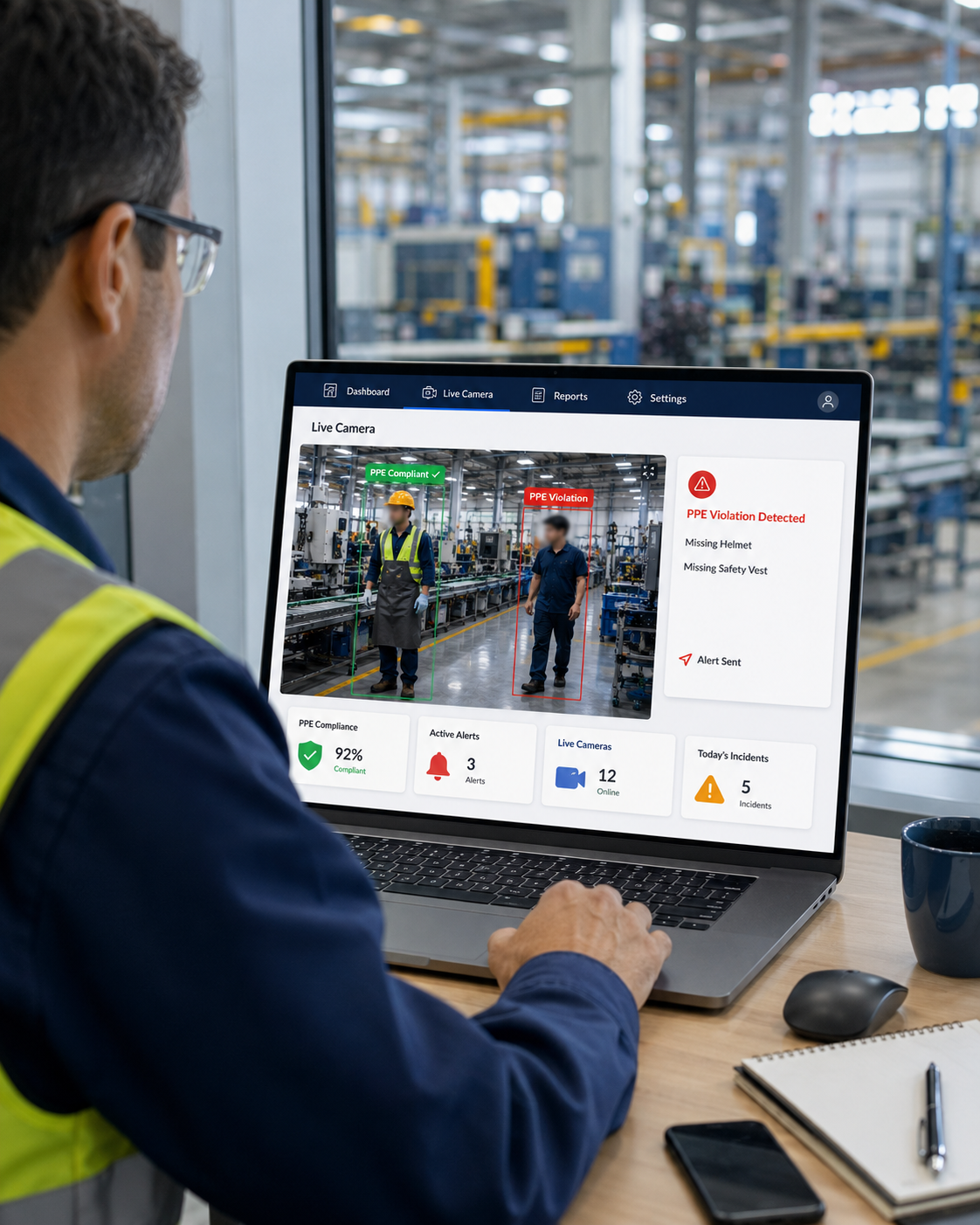 Safety officer reviewing the AI PPE Detection dashboard on a laptop at an industrial site