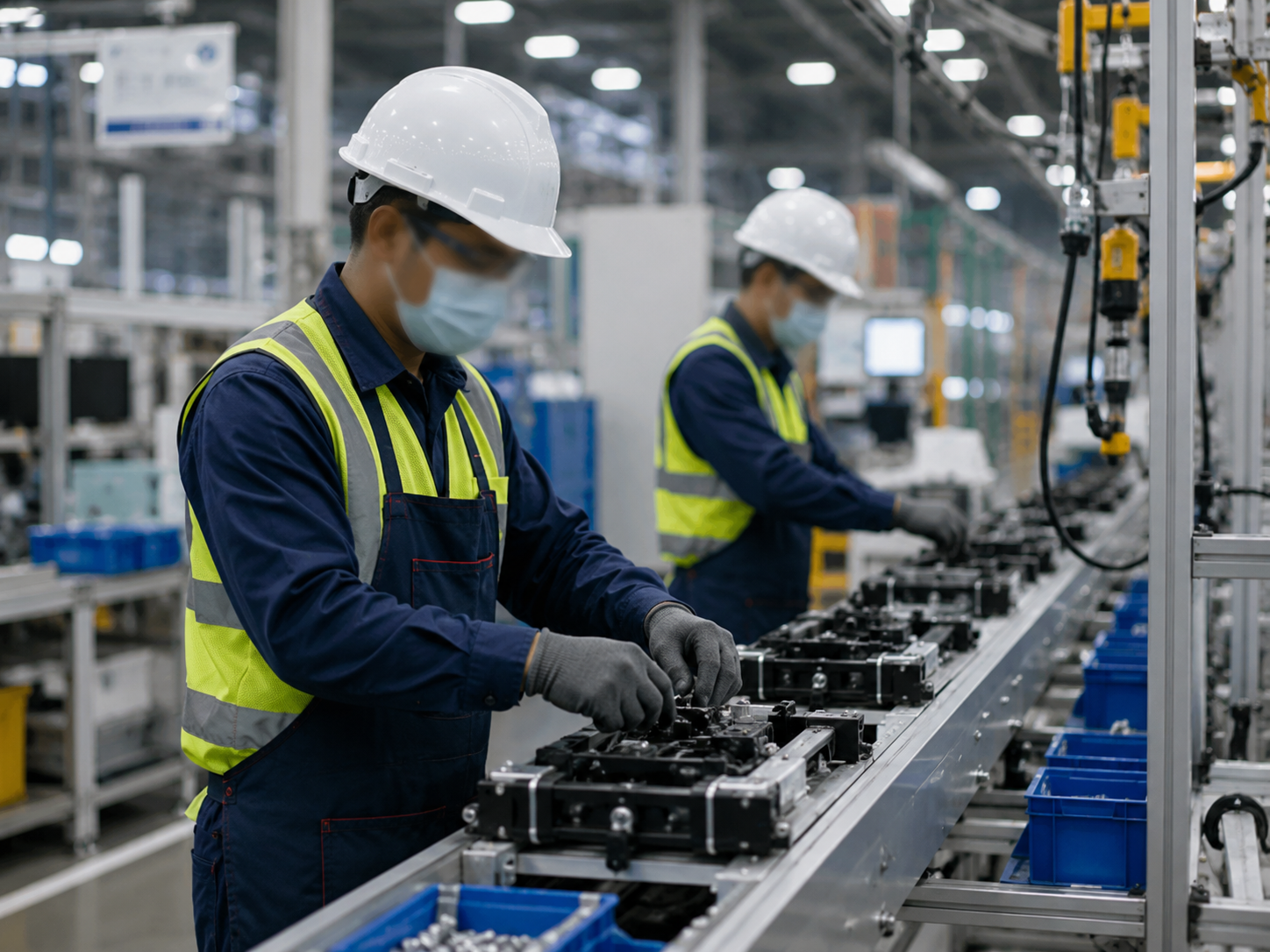 Assembly line workers monitored for PPE compliance