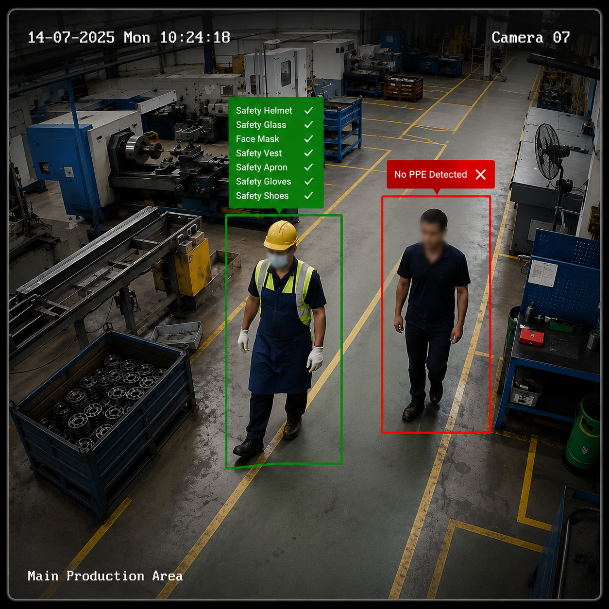 AI computer vision system detecting PPE compliance on a worker via live camera feed