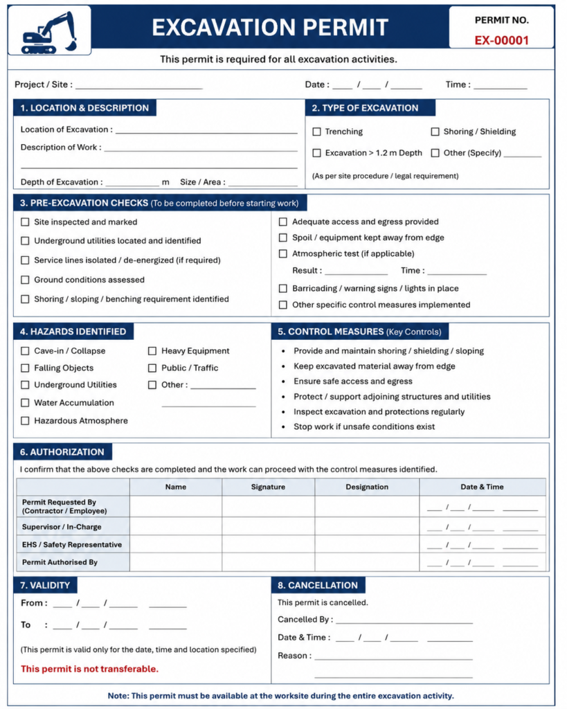 types of permit to work excavation permit