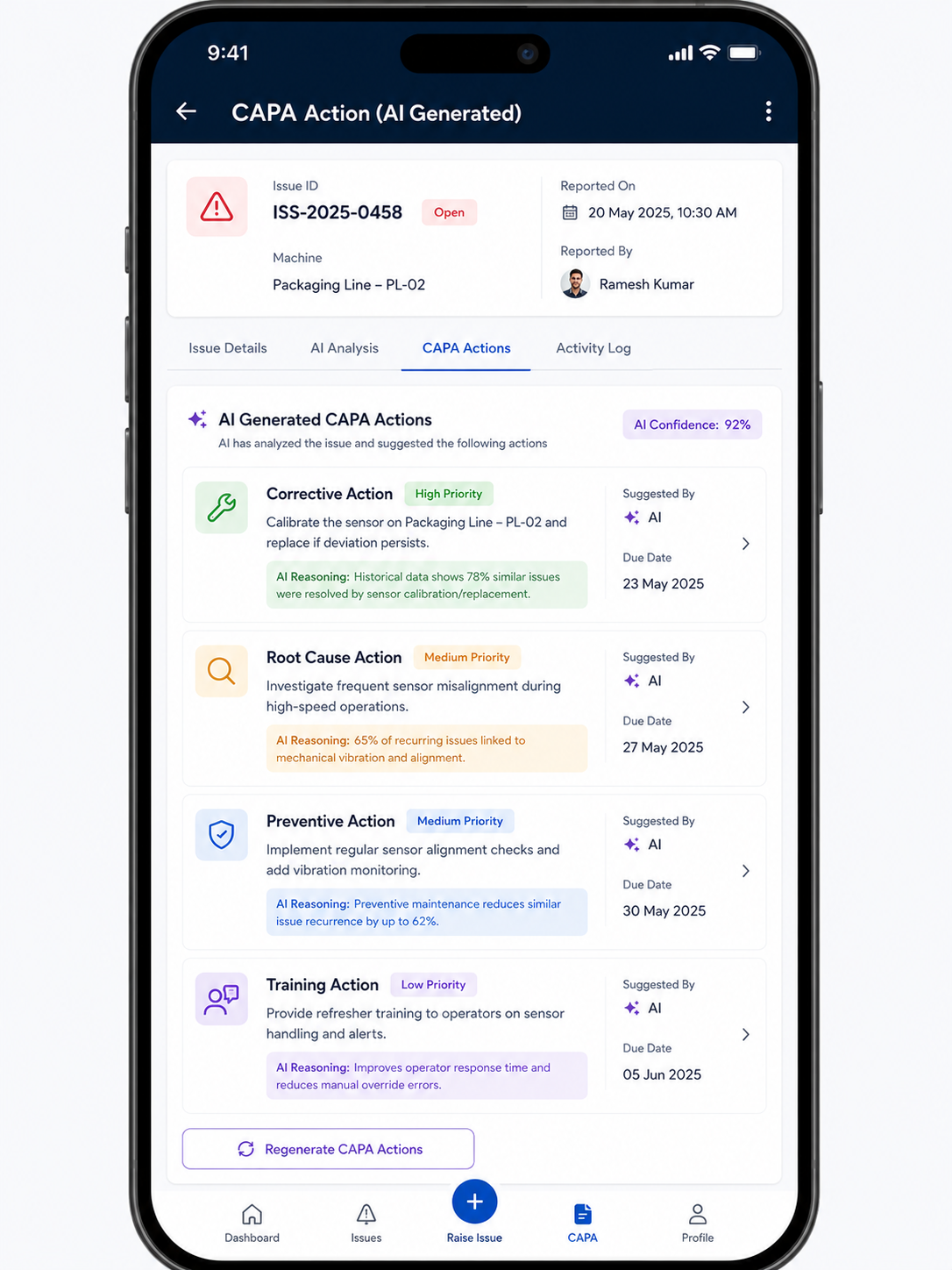 Andon Solution Advisor interface showing AI-assisted issue analysis