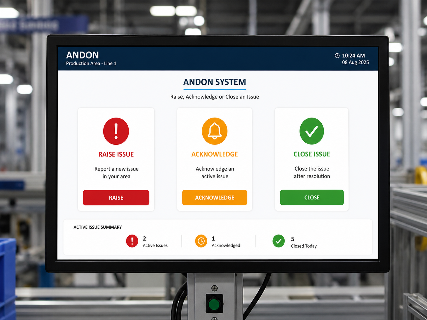 Digital Andon dashboard showing real-time production issue status