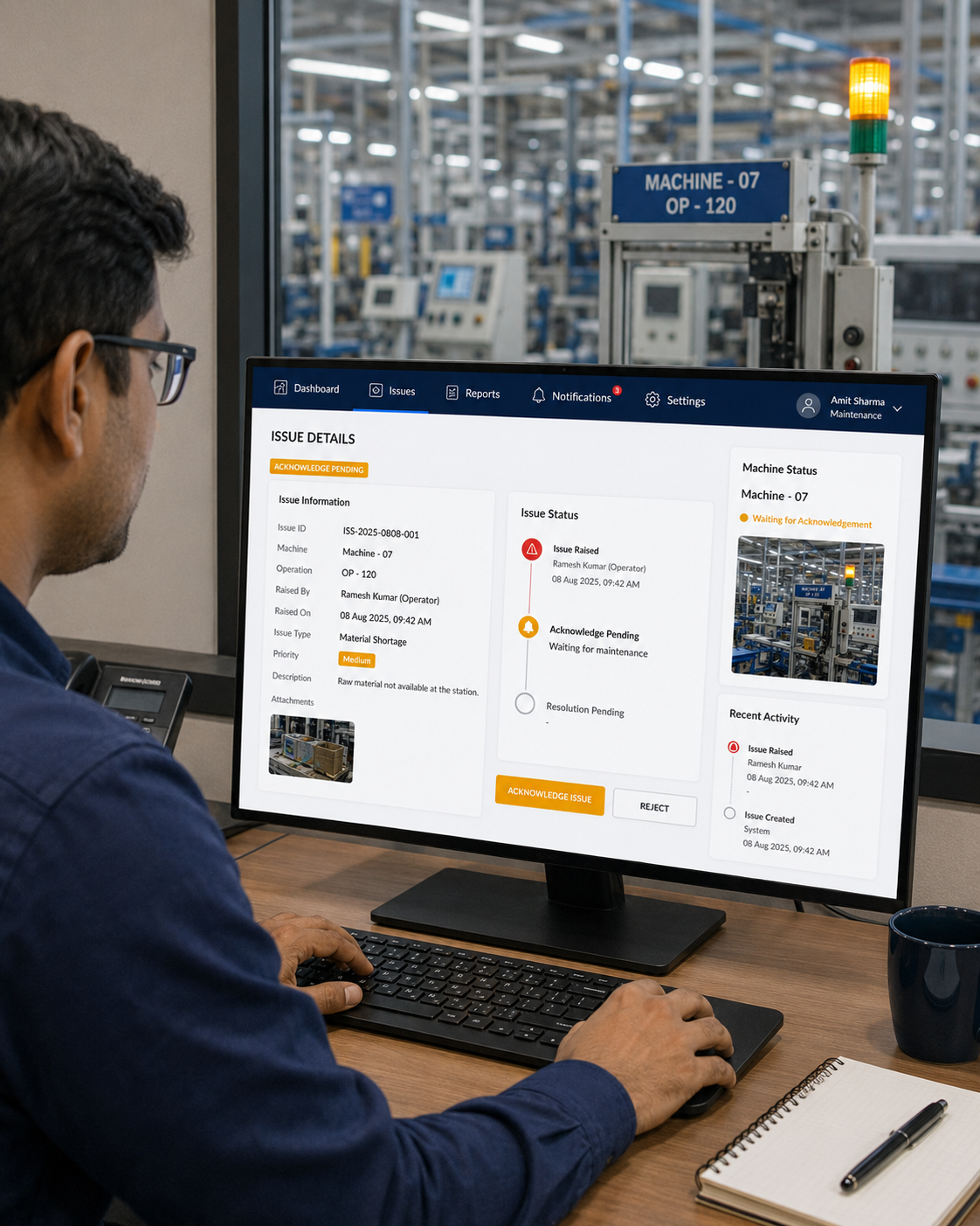 Operator using the Digital Andon software on a factory floor