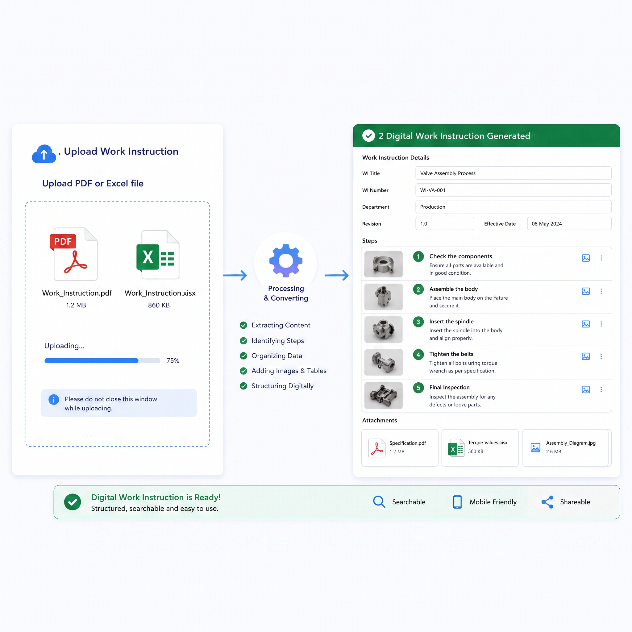 Preview of AI converting an uploaded document into a structured digital work instruction