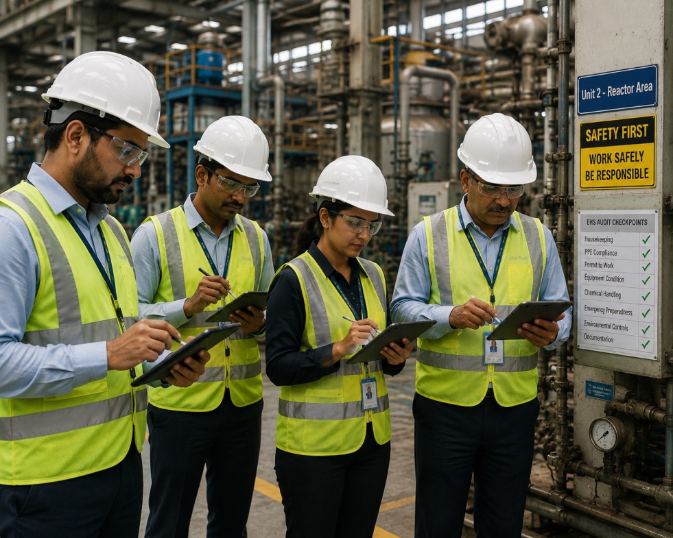 External auditors using Audit Management Software on tablets to conduct a digital compliance audit in a manufacturing plant.