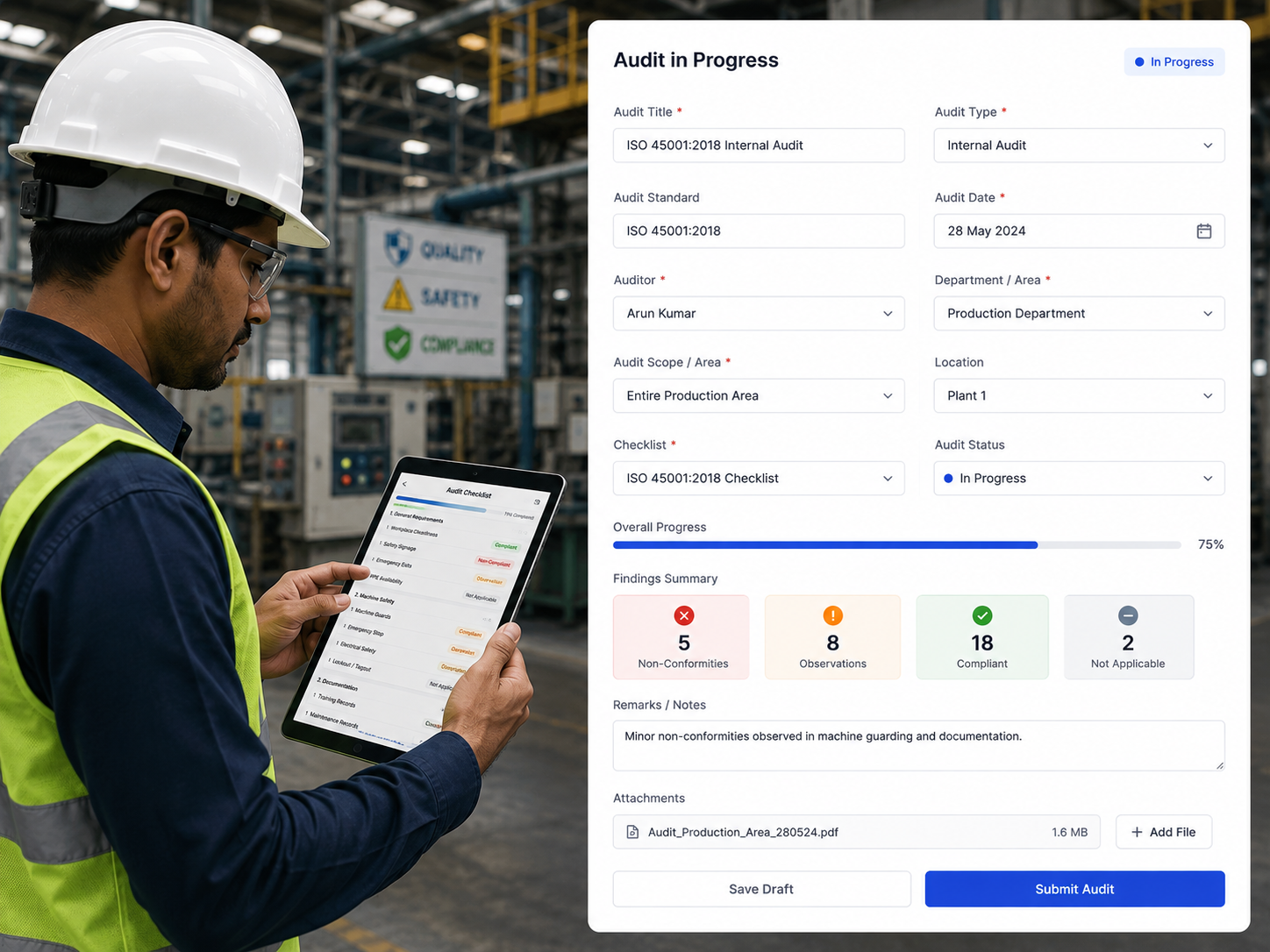 Audit Management Software interface showing a digital audit checklist, audit progress, and inspection details in a manufacturing facility.