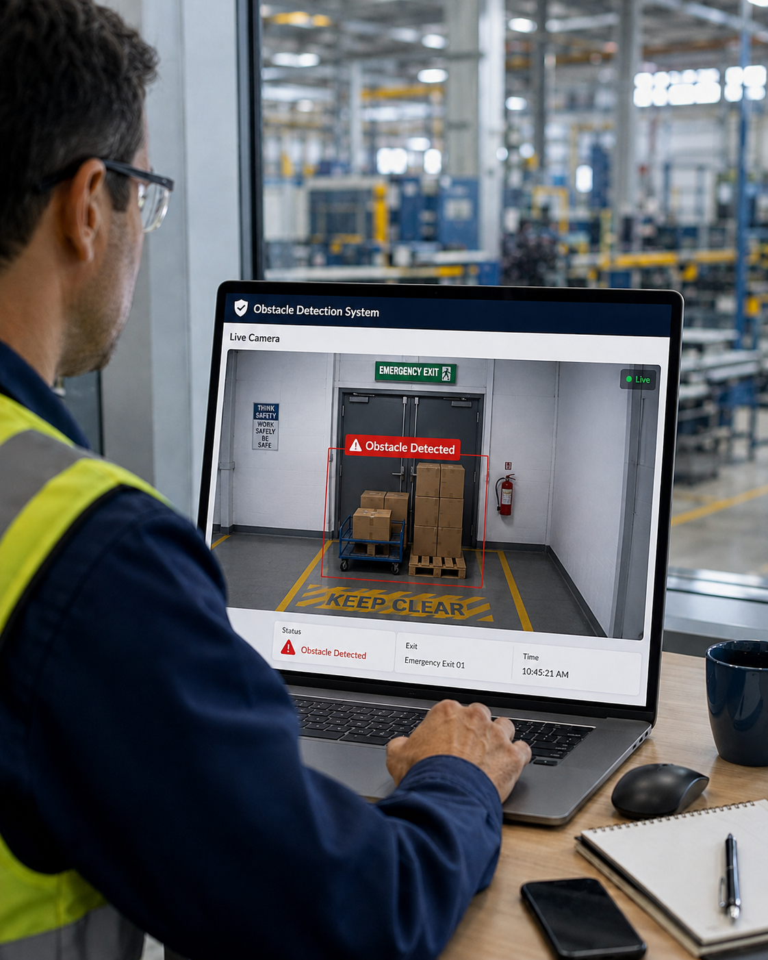 Safety officer reviewing the AI PPE Detection dashboard on a laptop at an industrial site
