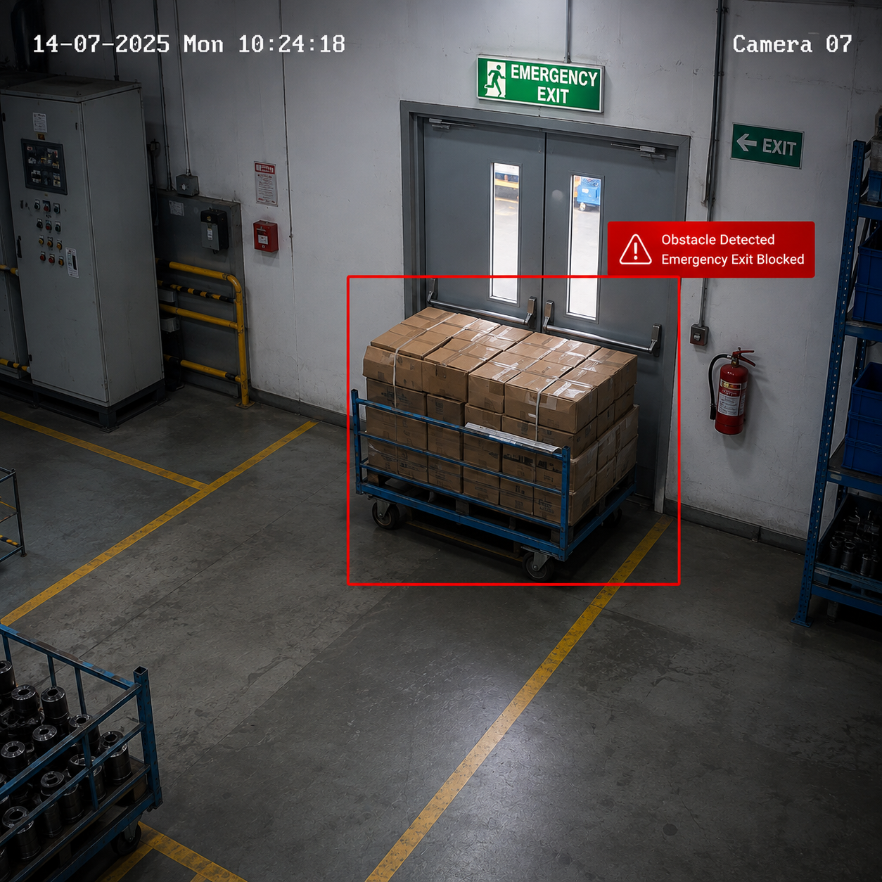 AI computer vision system detecting PPE compliance on a worker via live camera feed