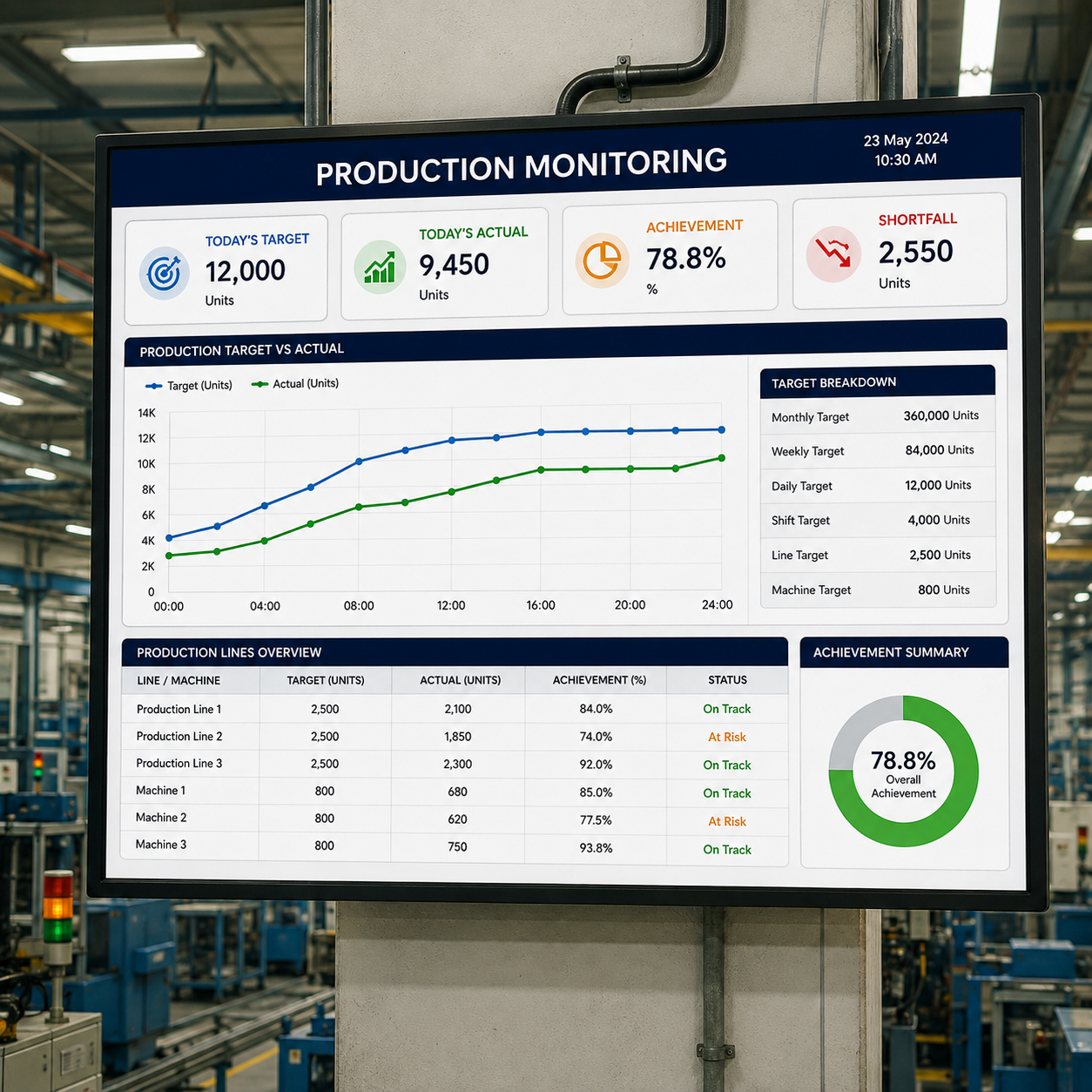 Production Target vs Actual Monitoring dashboard
