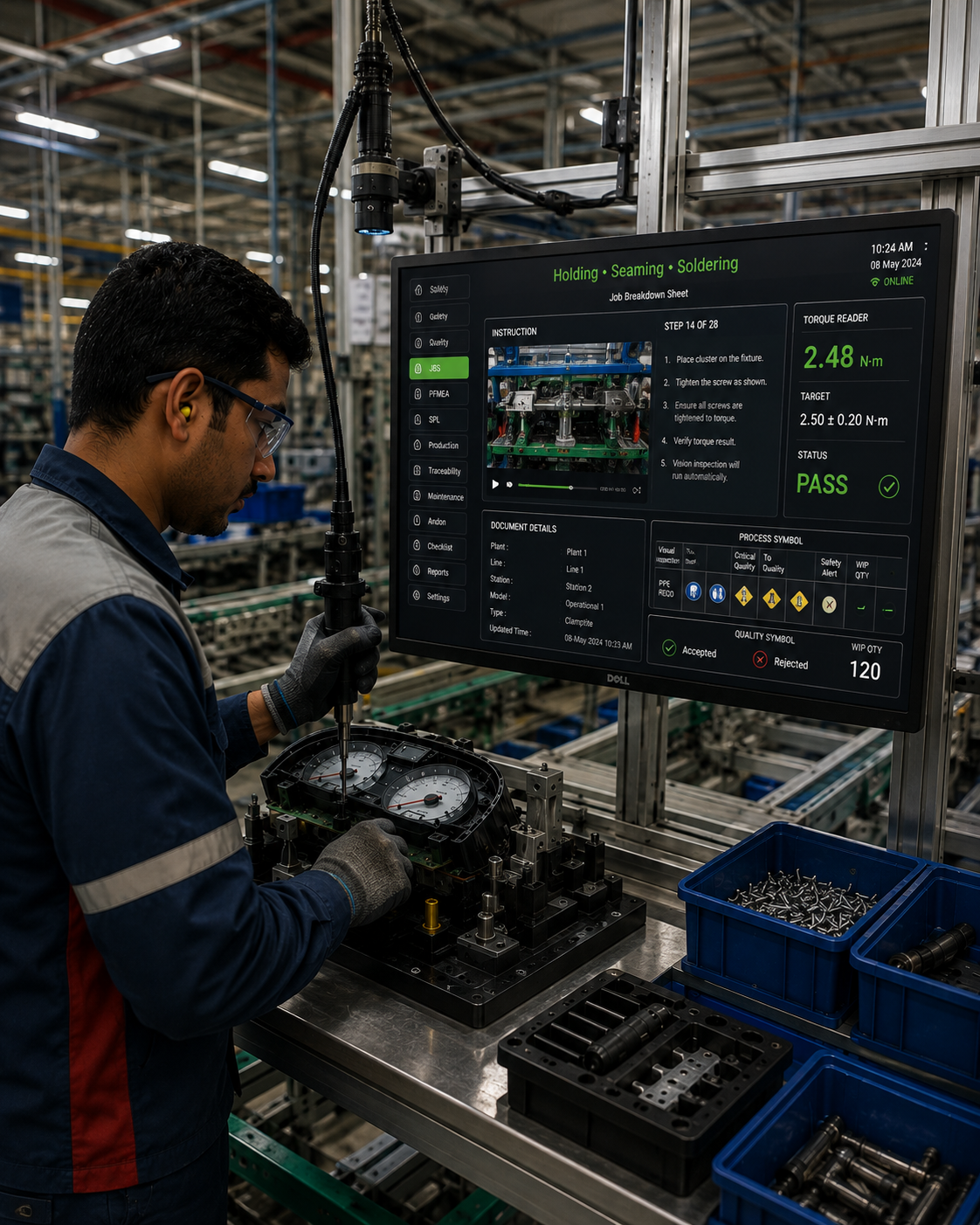 Operator performing a digital quality inspection with a handheld measurement device