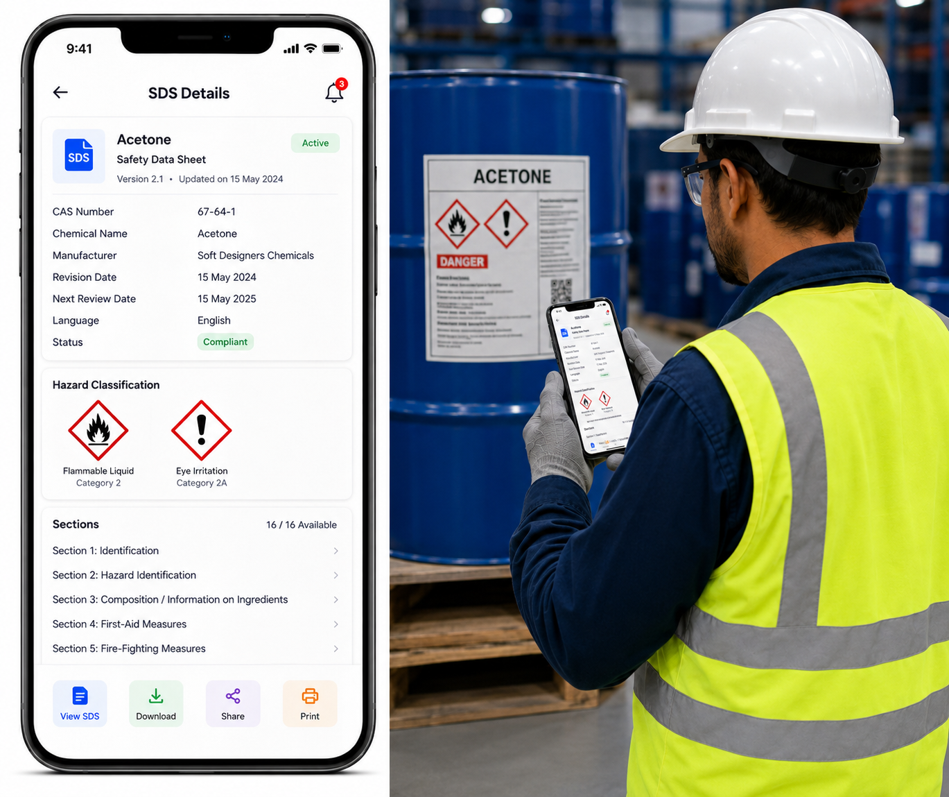 Safety Data Sheet software on a tablet providing instant hazard information to workplace employees