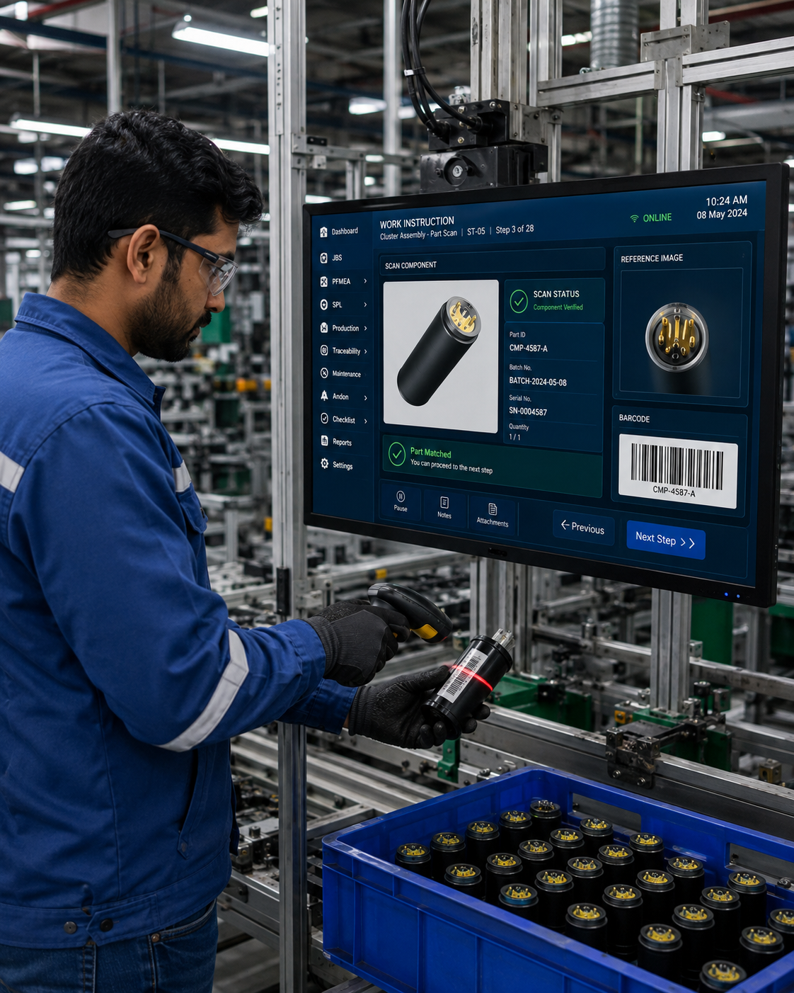 Mobile preview of the work instruction traceability and parts catalog interface