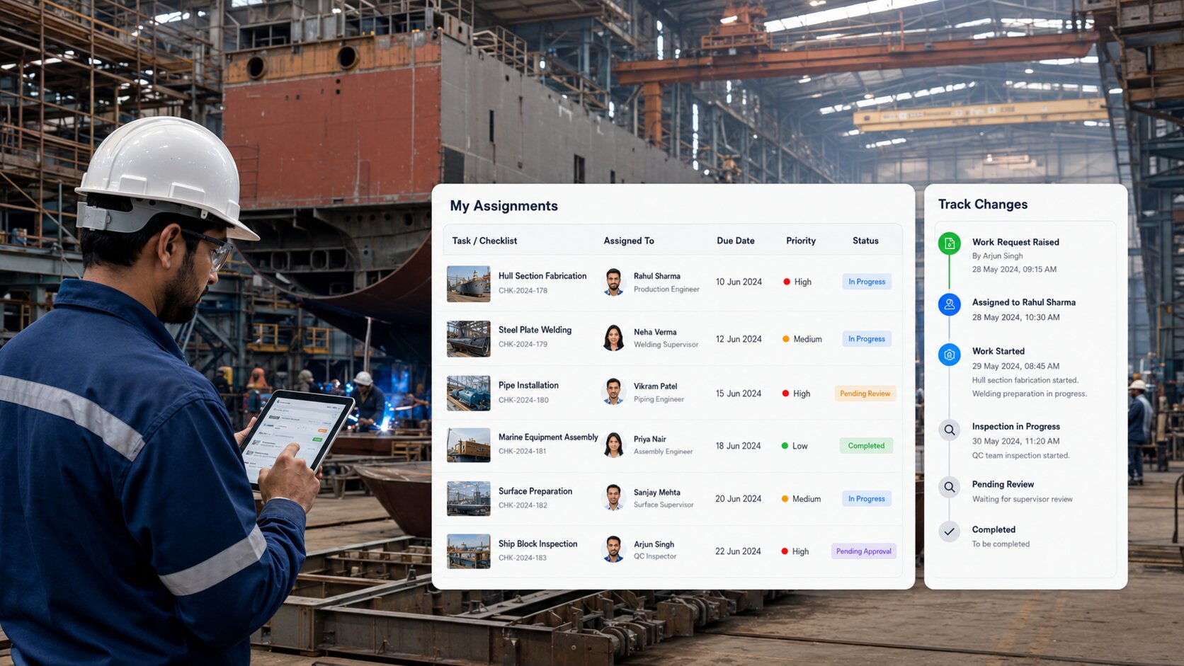Safety management software for shipbuilding mobile app for shipyard inspections, hazard reporting, and incidents