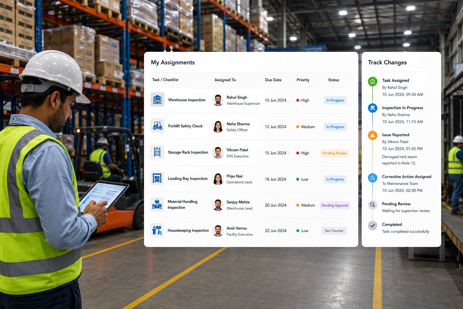 Warehouse EHS software mobile app for warehouse inspections, hazard reporting, and incident capture