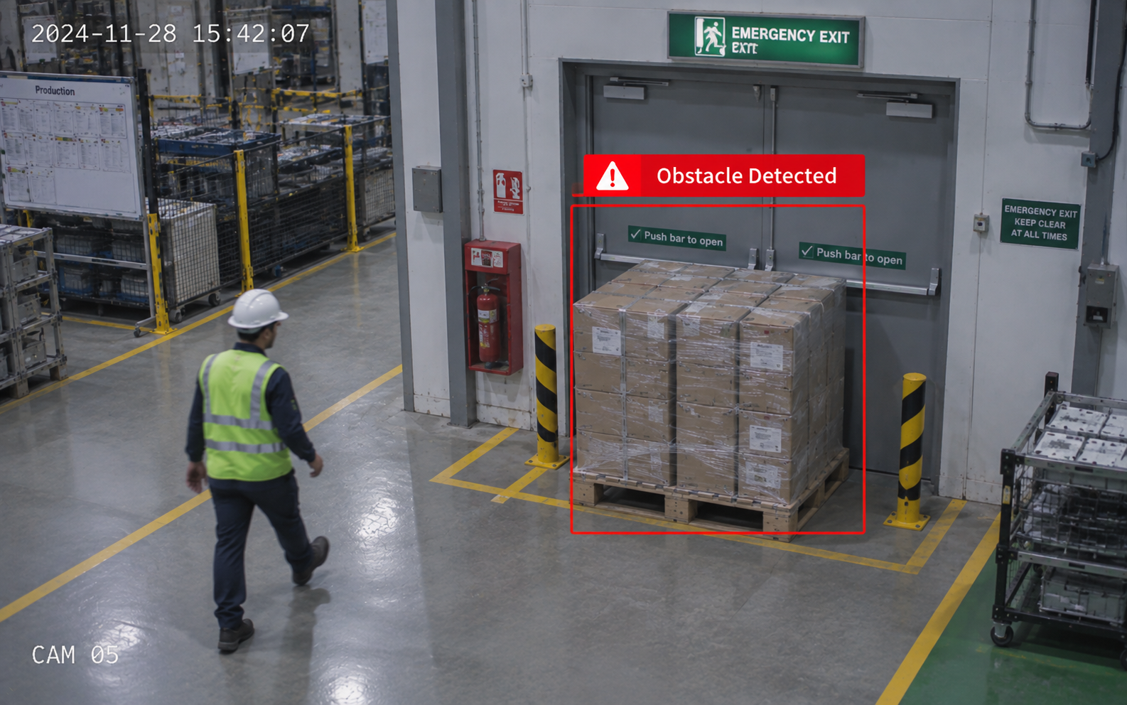 AI emergency exit monitoring detecting blocked evacuation routes