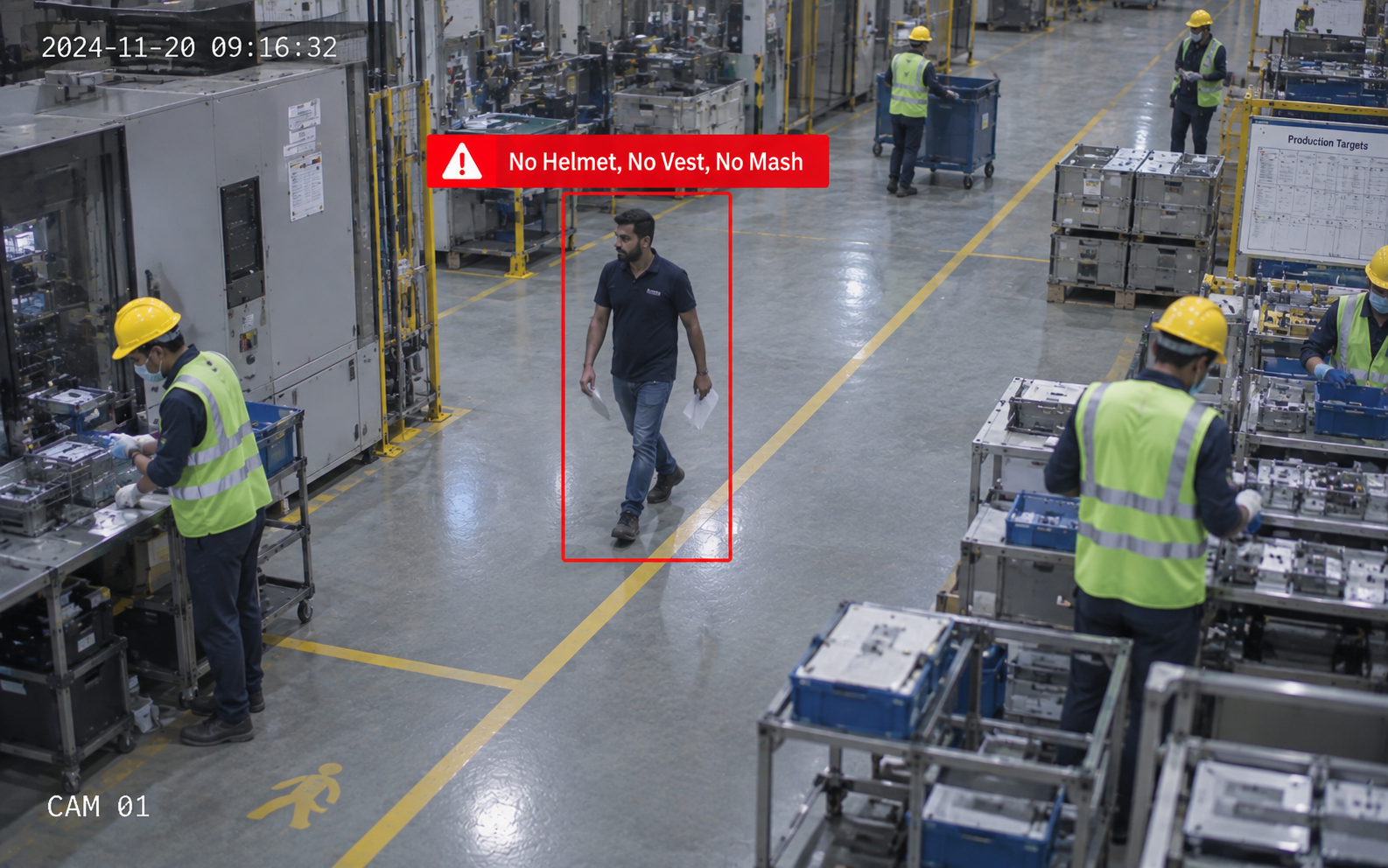 AI PPE detection monitoring workers for helmets, vests and safety gear