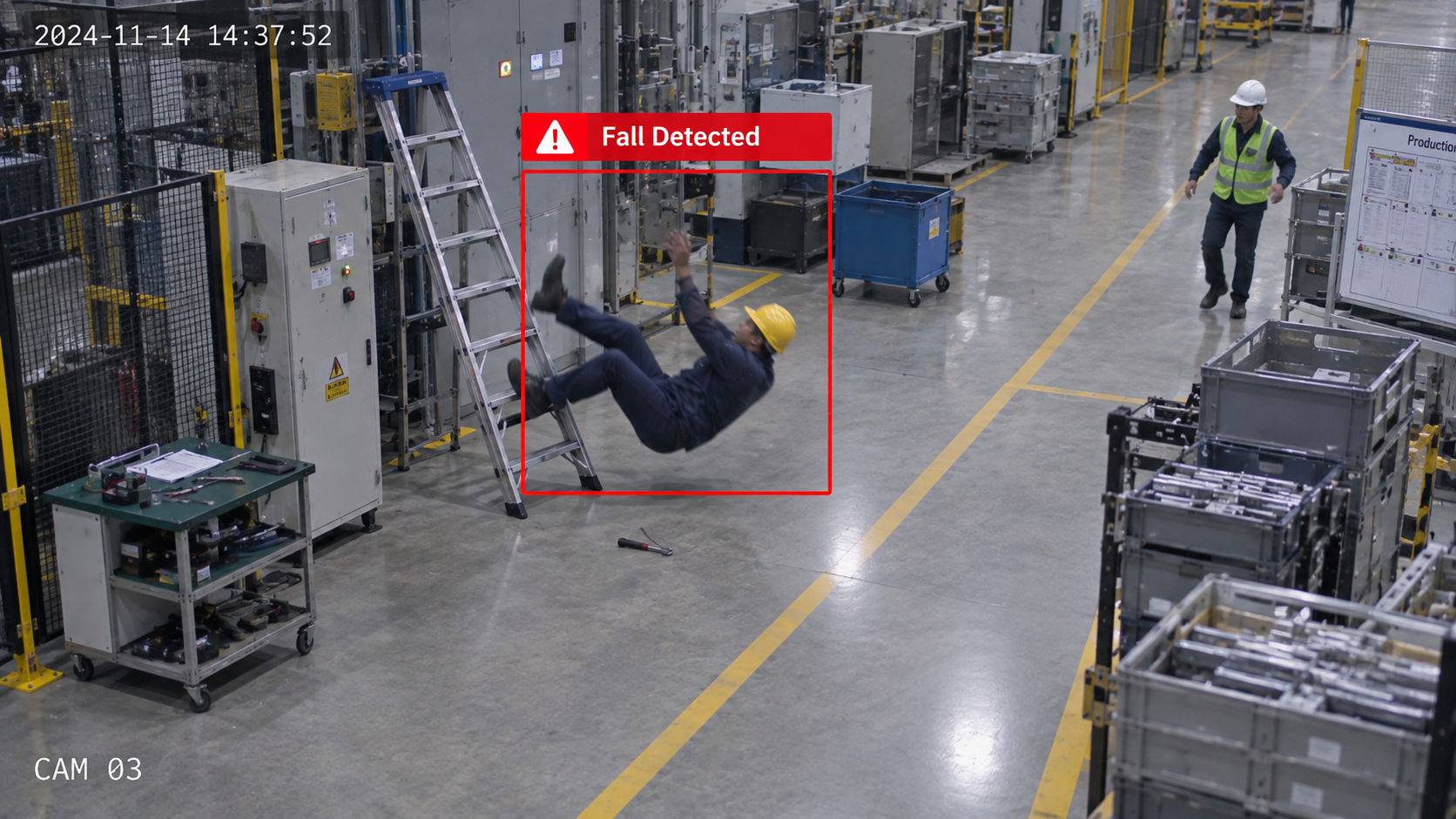 AI-powered workplace safety monitoring dashboard showing live camera zones and real-time alerts
