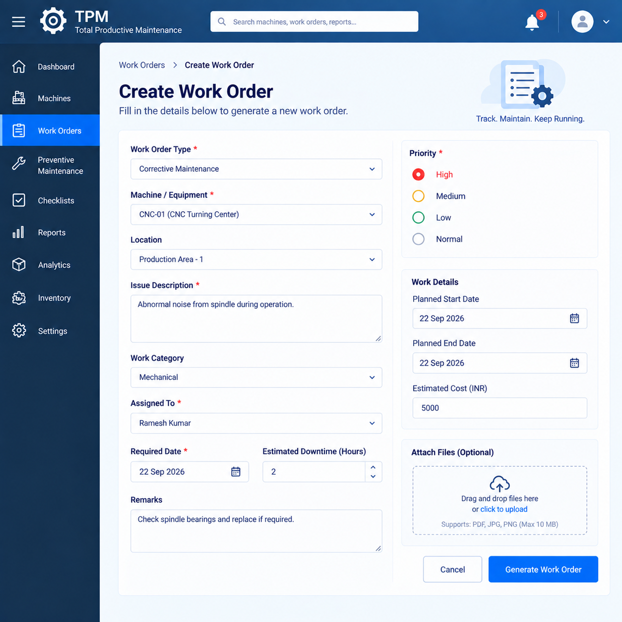 Maintenance work order management screen