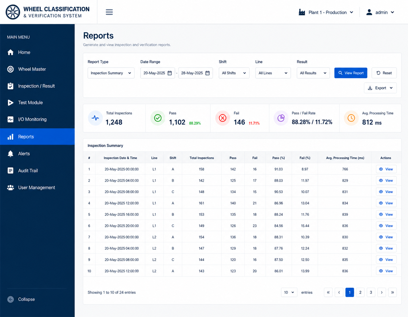 Reports module for the wheel detection system showing inspection records