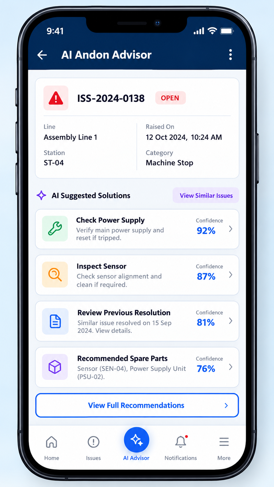 Smartphone showing the AI Andon Advisor app with suggested solutions and confidence scores
